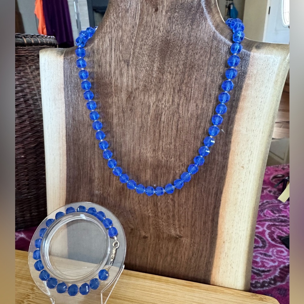 Handmade Blue Faceted Frosted Blue Glass Necklace and Bracelet Set